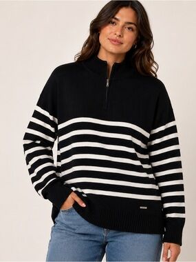 DKNY Black and White Striped Half Quarter -Zip Turtleneck Sweater Soft Size XXL